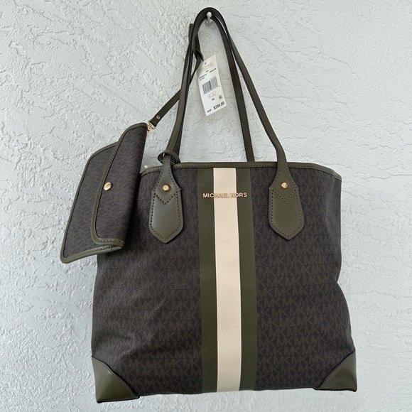 MICHAEL Michael Kors Eva Large Signature Logo Stripe Tote Shoulder Bag Brown - Picture 15 of 16